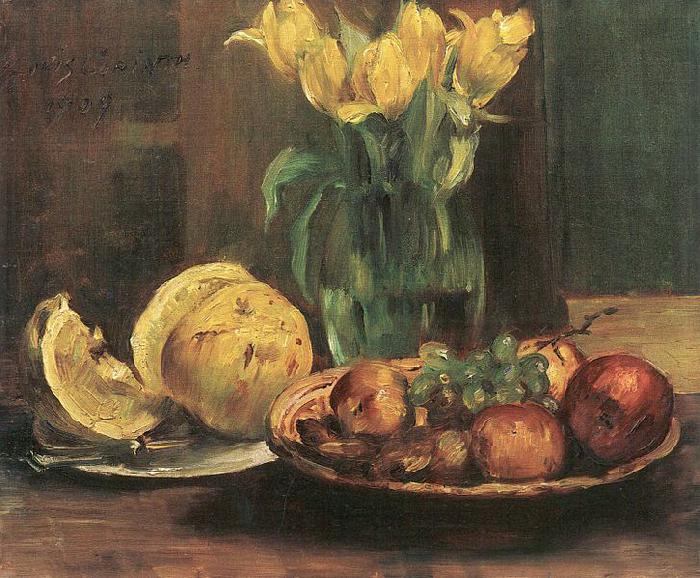 Lovis Corinth Stillleben mit gelben Tulpen, apfeln und Grapefruit